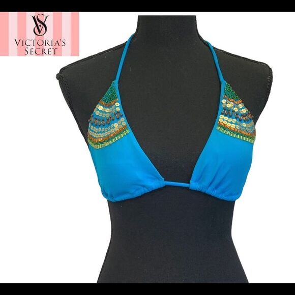 𝅺VICTORIA'S Secret blue sequin beaded bikini top Sz M - Picture 1 of 9